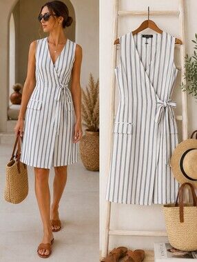 Athena Marie Linen Cotton Wrap Dress S  Gray-White Stripe Sleeveless Tie Waist